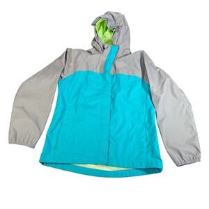 North Face Girls gray blue windbreaker rain coat. Size L. Hood. water resistant